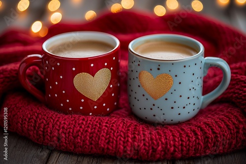 Two coffee mugs heart shaped handles on a cozy table with a knitted red blanket and fairy lights photo