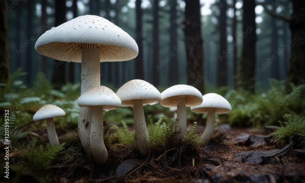 Fototapeta premium Close-up shot of fresh white mushrooms growing in a dark forest, organic, food, wilderness, mycology, fungi