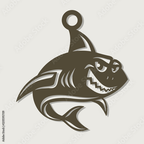 Angry shark pendant. Large predatory fish with fangs and a scary grin. Pendant decoration, keychain, jewelry, locket. Cartoon style. Template for plotter laser cutting of paper, fretwork, wood carving