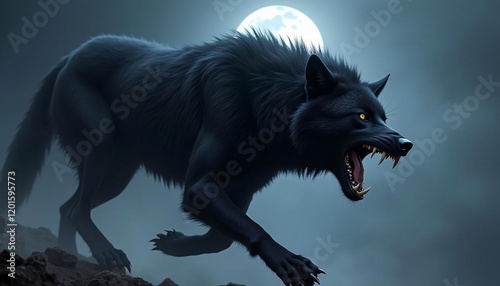 Black Wolf's Moonlit Prowl: A Dark and Dramatic Digital Painting