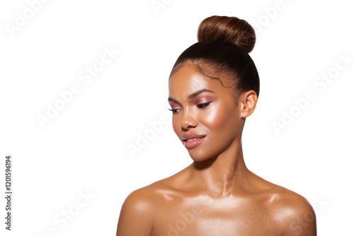Portrait of charming American Woman with a bun on her head. Isolated on transparent background 