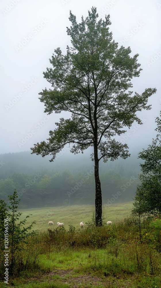 Obraz premium Misty morning, sheep grazing, tree, field. Pastoral scene, nature background