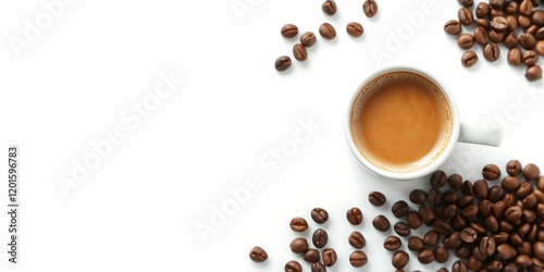 Top View Coffee Cup With Coffee Beans on a White background. 