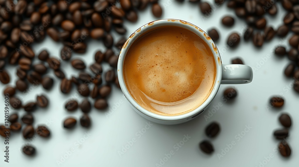 Fototapeta premium Top View Coffee Cup With Coffee Beans on a White background. 