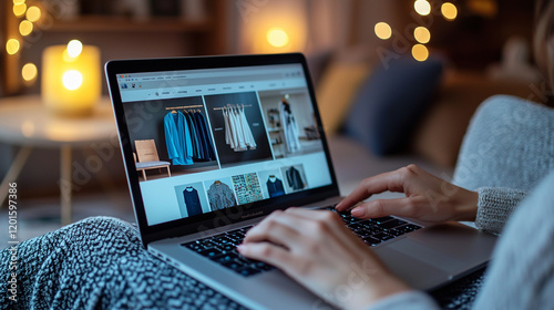 A stylish scene showcasing a woman using her laptop to shop for clothes online in a cozy home environment. Great for illustrating the ease and accessibility of e-commerce in daily life. photo