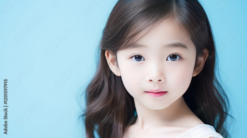 Portrait of smiling asian girl child with long white hair blue background. Portrait of smiling asian girl child with long white hair blue background.