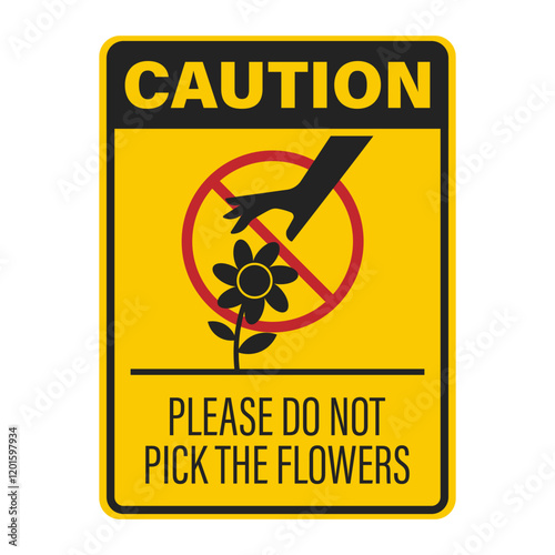 Isolated prohibition hand touching a flower sign, for a park signage prohibiting damage to plants