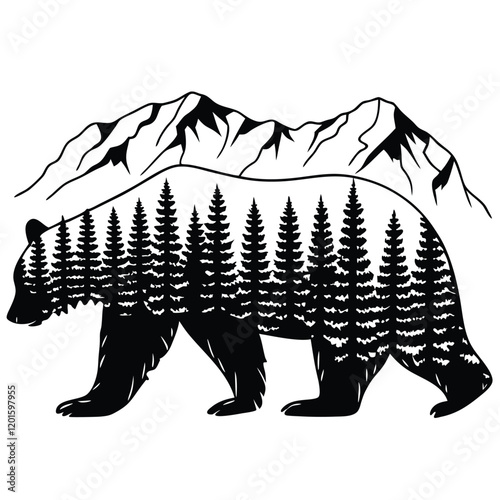 Abstract Bear and Mountain
A large bear walking through a forested mountain scene, illustrated in a continuous line style