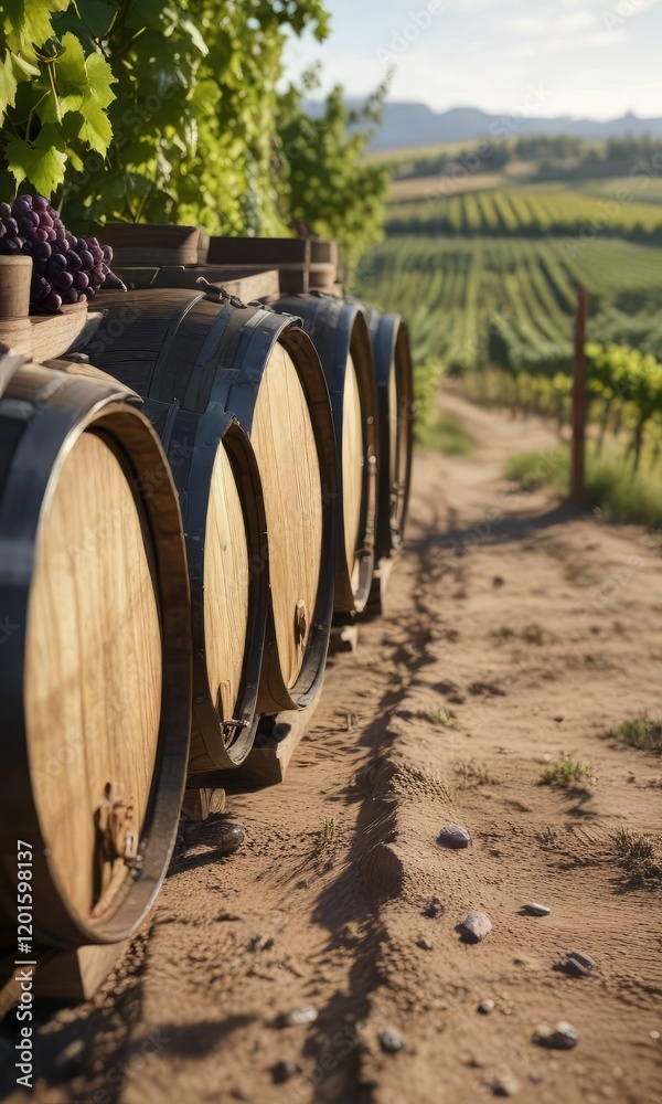 Close-up of wine barrels with grape vineyard in background, wine, grape, winery Close-up of wine barrels with grape vineyard in background, wine, grape, winery