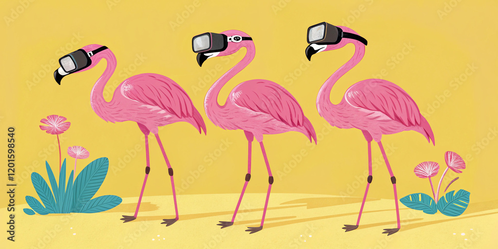 A Playful Scene of Pink Flamingos Wearing Virtual Reality Glasses Against a Bright Yellow Background A Playful Scene of Pink Flamingos Wearing Virtual Reality Glasses Against a Bright Yellow Background
