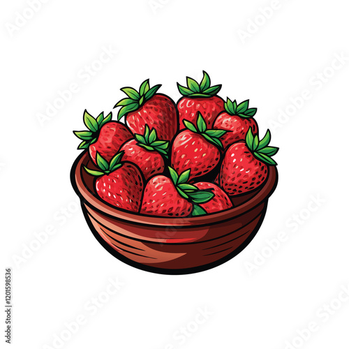 A detailed vector illustration of a small bowl overflowing with ripe, red strawberries, showcasing their intricate details and textures.