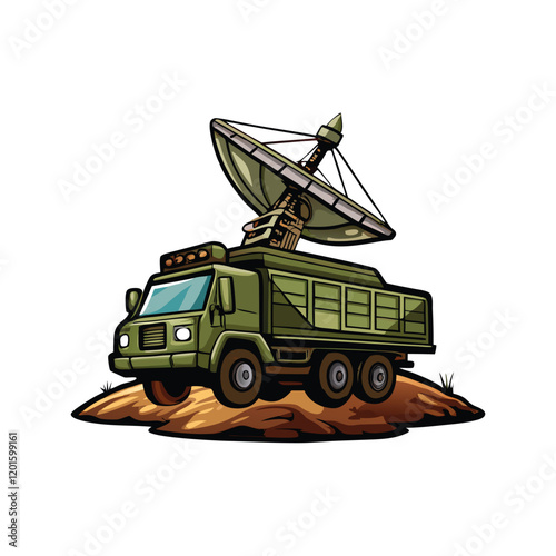 A close-up shot of a military radar truck parked on a dirt road, showcasing its intricate antenna, powerful tires, and military camouflage.