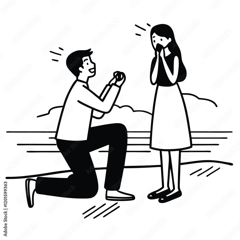 Wedding Proposal Line Drawing
A man kneeling down to propose to his partner, illustrated in a minimalist and romantic style Wedding Proposal Line Drawing
A man kneeling down to propose to his partner, illustrated in a minimalist and romantic style