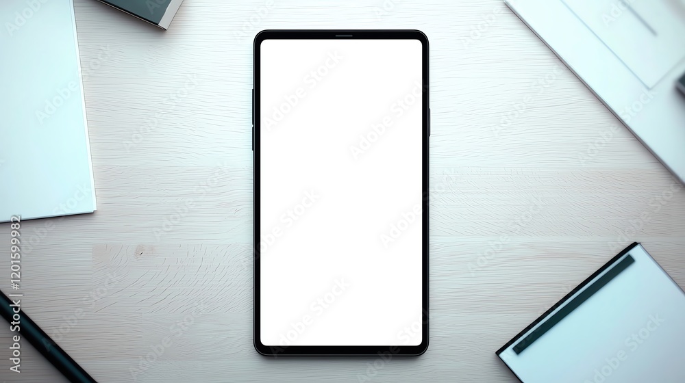 Smartphone with a blank white screen placed on a wooden table surrounded by modern office supplies Smartphone with a blank white screen placed on a wooden table surrounded by modern office supplies