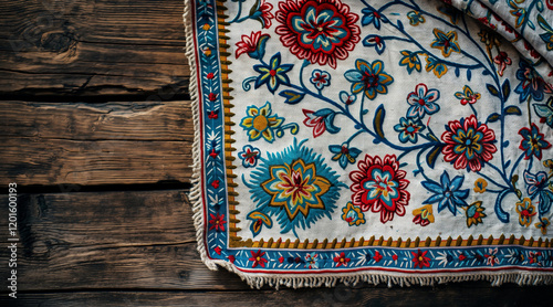 Traditional Slavic Embroidery Patterns on Colorful Fabric with Floral Motifs photo