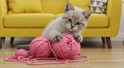 A playful kitten with bright blue eyes claws at pink yarn balls on a wooden floor, with a vibrant yellow sofa in the background. photo