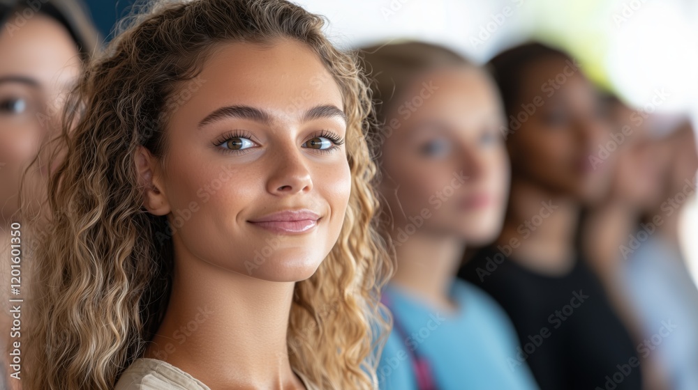 A diverse group of individuals stands in line at a bustling venue waiting as the camera focuses on a young woman. A diverse group of individuals stands in line at a bustling venue waiting as the camera focuses on a young woman.
