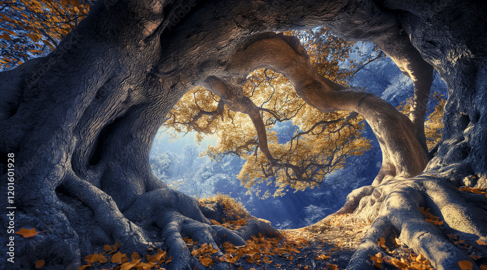 Fototapeta premium Enchanted Forest Archway with Sunlit Foliage and Twisted Tree Branches