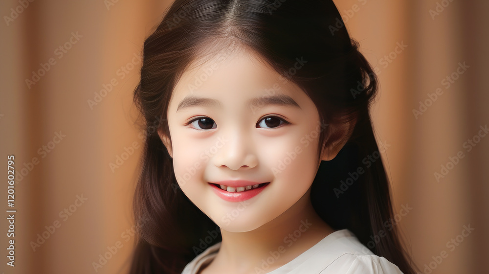 Portrait of smiling asian girl child with long white hair creamy beige background. Portrait of smiling asian girl child with long white hair creamy beige background.