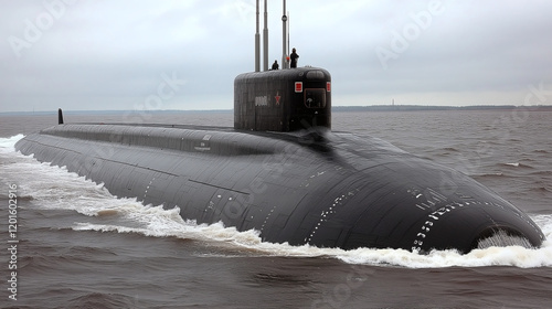 Submarino navegando en aguas turbulentas bajo un cielo nublado photo