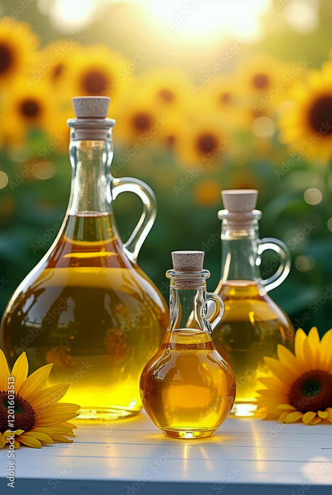 Natural and Vibrant Scene with Cooking Oil Bottles and Sunflower Background on a White Table