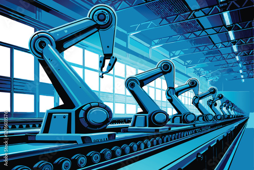 A gleaming futuristic factory assembly line with a highly detailed robotic arm expertly welding parts together.  The background features advanced machinery and sleek, illuminated panels.