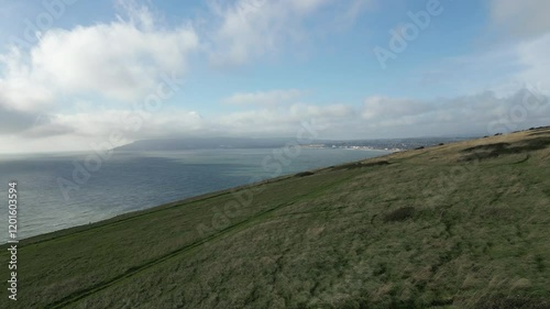 Wallpaper Mural A person is walking on a grassy hill overlooking the ocean. The sky is cloudy, but the ocean is calm. The scene is peaceful and serene, with the person enjoying the view Torontodigital.ca