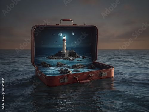 Travel suitcase in the sea
