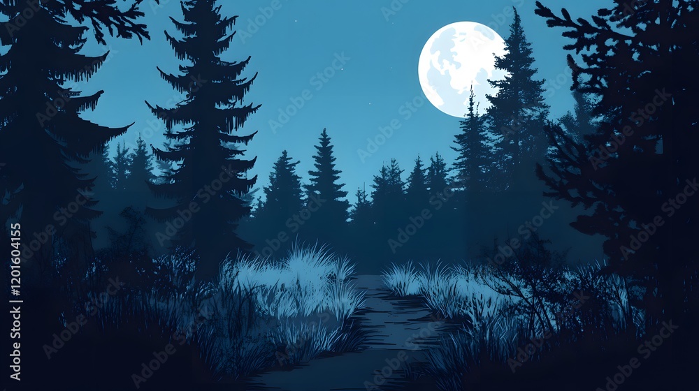 Naklejka premium Moonlit Forest Hiking Adventure