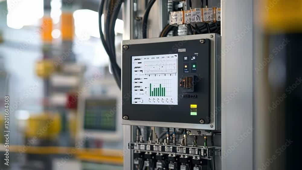 Electrical control panel displays real time data, showcasing key performance indicators and operational status within a factory or industrial environment