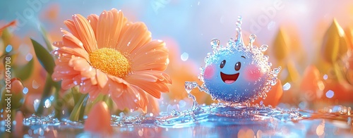 Cheerful character splashing in a flower garden.