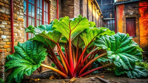 Urban Kitchen Garden: Rhubarb Plant Thriving in Concrete Jungle