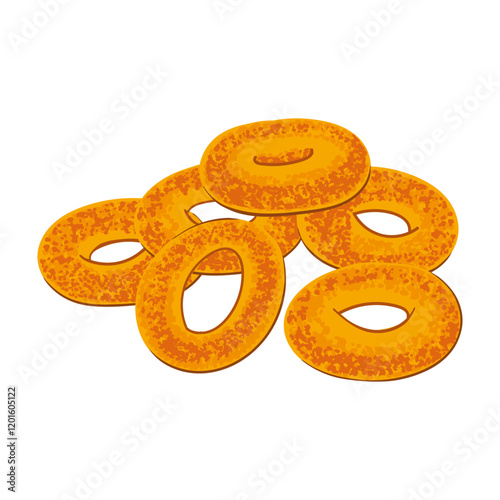 Vector Colorful Textured Illustration of Traditional Russian Pastry Sushki Isolated on White Background