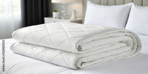 A White Folded Duvet Resting on a White Bed Background, Evoking Comfort