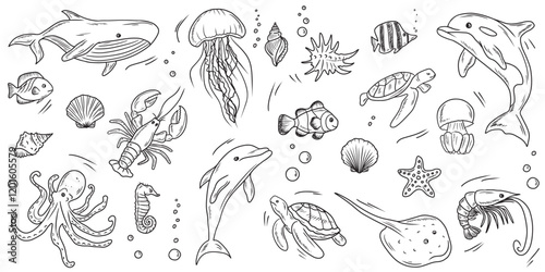 Sea animals. Whale dolphin, sea shell, swimming turtle, fish, shrimp and lobster, stingray and jellyfish. Underwater life. Hand drawn vector sketch illustration in doodle engraved vintage line art