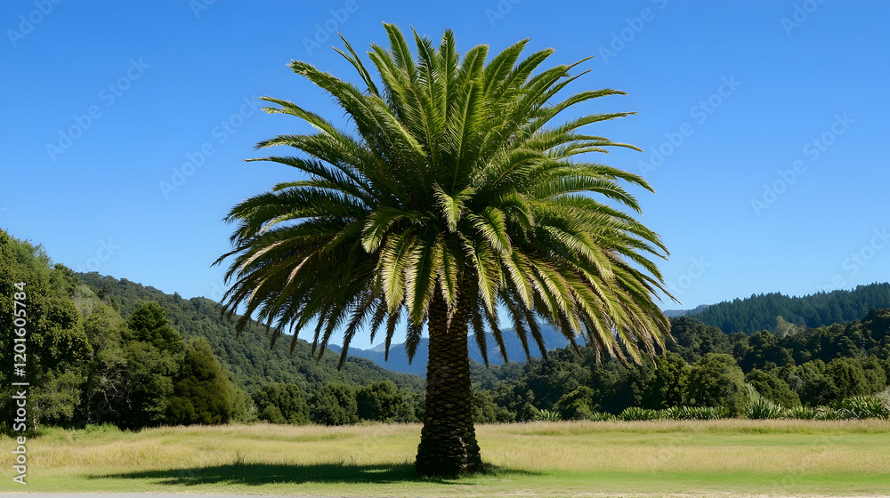 Lone palm tree in sunny valley, green hills background. Perfect for travel brochures or nature documentaries Lone palm tree in sunny valley, green hills background. Perfect for travel brochures or nature documentaries