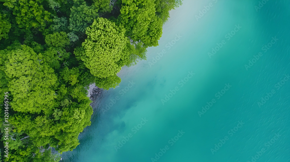 Lush green forest meets turquoise lake; aerial view. Peaceful nature scene, ideal for travel brochures Lush green forest meets turquoise lake; aerial view. Peaceful nature scene, ideal for travel brochures