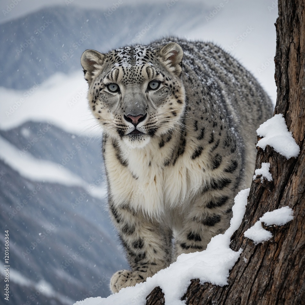A snow leopard climbing a snow-dusted tree trunk with a clear landscape behind. A snow leopard climbing a snow-dusted tree trunk with a clear landscape behind.