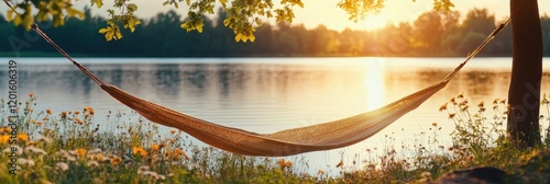 Tranquil hammock by the lake at sunset with lush greenery and water reflection