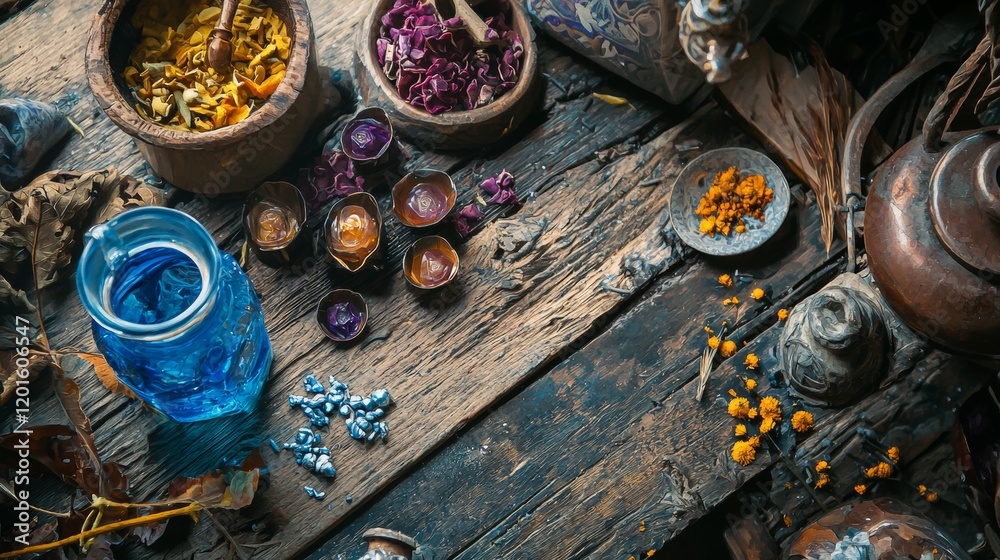 Rustic table with herbs, spices, and a blue jar Rustic table with herbs, spices, and a blue jar