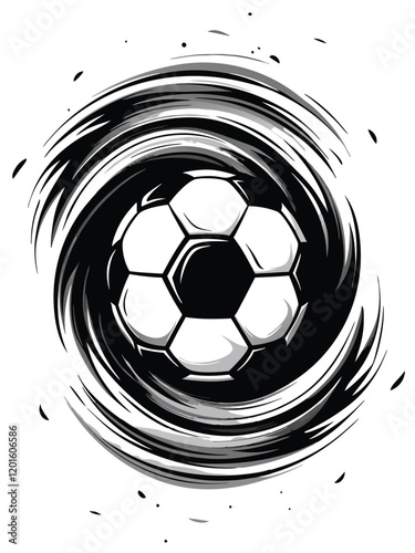 Illustrate a close-up of a soccer ball spinning with a blur effect, capturing the dynamic movement and the textured surface of the ball.