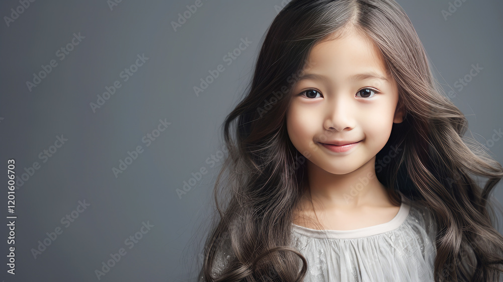 Portrait of smiling asian girl child with long white hair silver background. Portrait of smiling asian girl child with long white hair silver background.