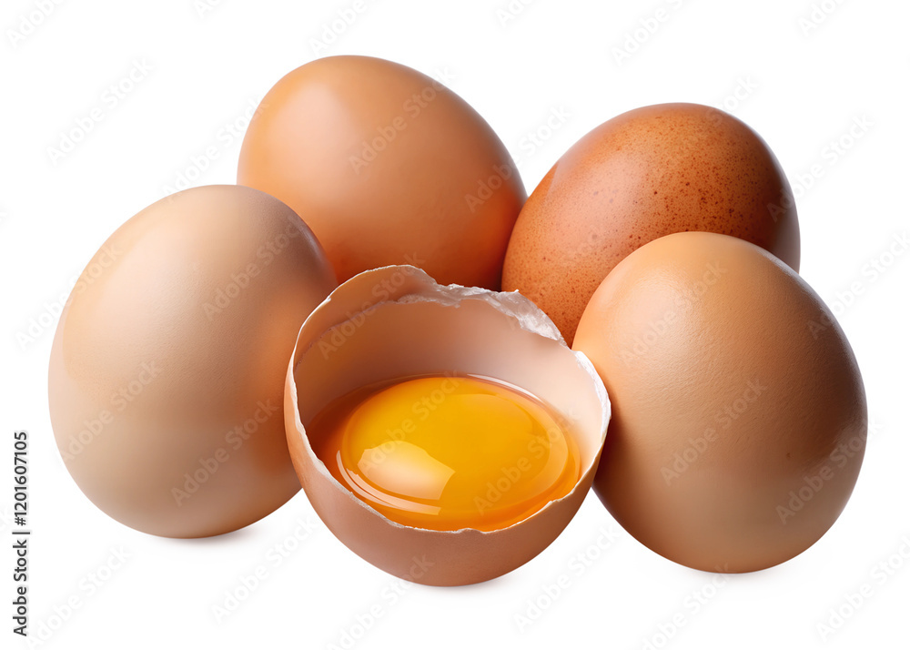 Fresh brown eggs with one cracked revealing a bright yellow yolk arranged on a clean white background Fresh brown eggs with one cracked revealing a bright yellow yolk arranged on a clean white background