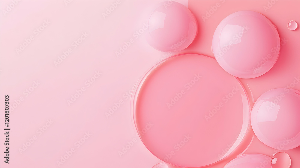 Pink liquid drops on gradient background; abstract beauty concept; cosmetic product backdrop; website design Pink liquid drops on gradient background; abstract beauty concept; cosmetic product backdrop; website design