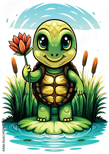 Illustrate a cute kappa holding a water lily in a pond with vibrant green lily pads and reeds.