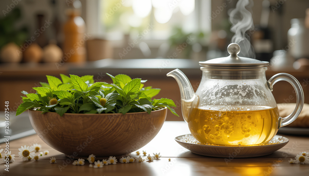 Herbal tea preparation scene, with a steaming teapot on the side resting on sega mint leaves Herbal tea preparation scene, with a steaming teapot on the side resting on sega mint leaves