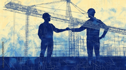 Two Construction Workers Shaking Hands Under Blue Skies and Cranes