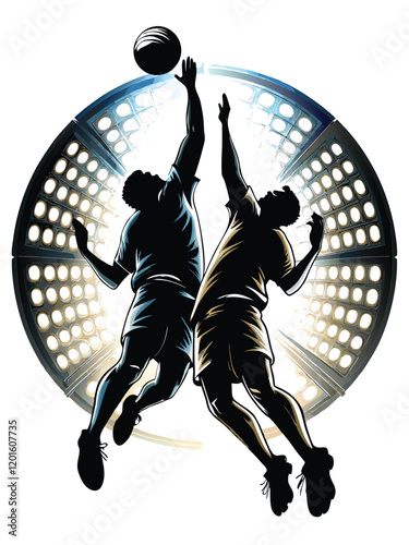 Illustrate a dynamic silhouette of two basketball players in mid-air, one going for a slam dunk and the other attempting a block, emphasizing the intense energy and competitive spirit of the sport.