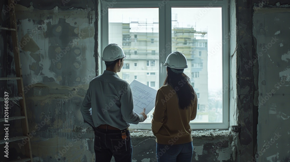 Architects reviewing blueprints, urban view, construction site. Use Real estate marketing Architects reviewing blueprints, urban view, construction site. Use Real estate marketing