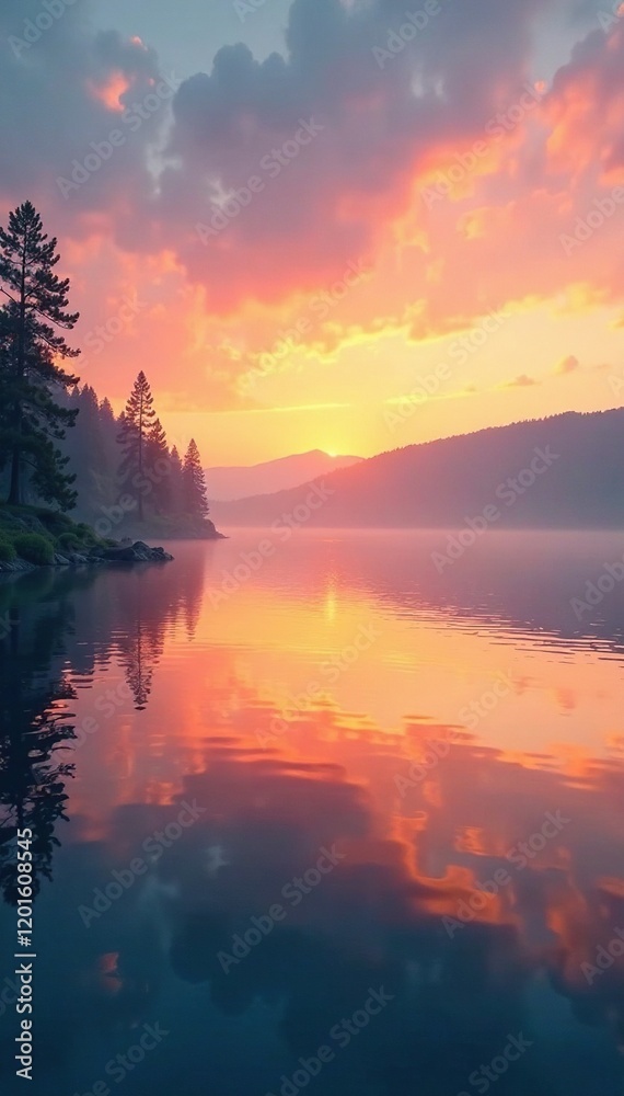 Obraz premium A peaceful lake at dawn with a pastel orange sky and gentle ripples, dawn, pastel orange, soft focus